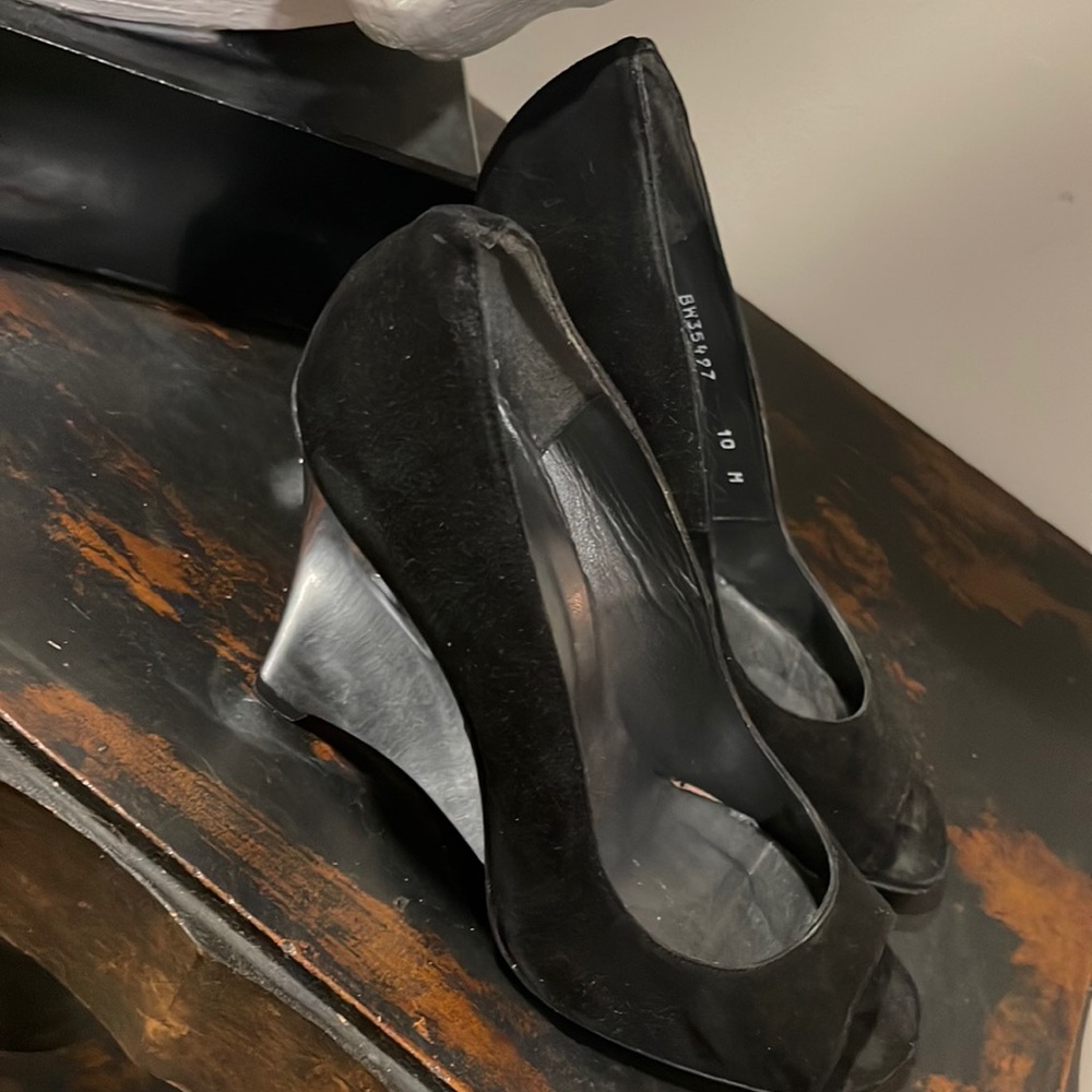 Black suede peep toe wedges